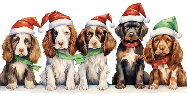 Cute springer spaniel puppies in a line, dressed in cute christmas outfits, playful, vivid colors, white background, ornamental watercolor clipart, I can't believe how beautiful this is