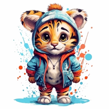 anthro baby tiger wearing a tee-shirt, adorable, clipart illustration, oil paint, center composition