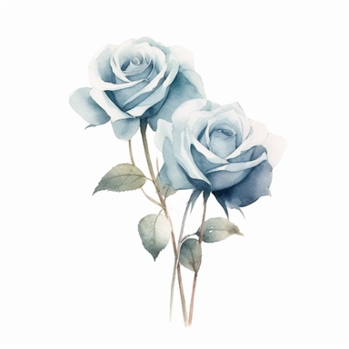 Watercolor dusty blue four roses clipart, four roses bouquet, muted color faded, white background