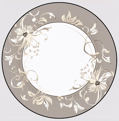 floral wedding plates of gold clipart in the gallery, in the style of dark beige and silver, simplified line work, careful framing, tondo, precisionist lines, opacity and translucency, inlay