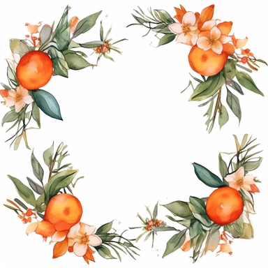 A colorful vector round frame of watercolor orange and flowers clipart in PNG format, with a white background and easy to cut out