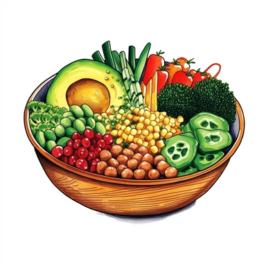 Buddha bowls (a mix of grains, proteins, and veggies) clipart, vibrant. white background