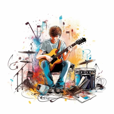 Music notes and instruments, a teenager playing hardrock, vector style graphic, cool vibe, clipart, single design, white background