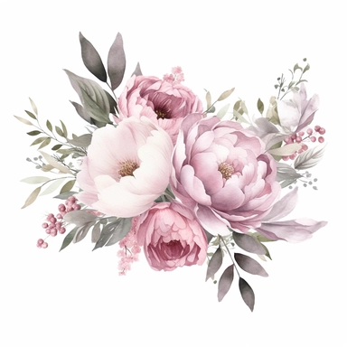 dusty pink peony arrangement watercolor, white simple background, modern STYLE, fairy style, muted color, watercolor touch, A dusty pink and white floral premade border, with elements of leaves, wildflowers and silver dollar leaves,, elegant, light, airy, fresh, classy, modern, minimalist design, no borders, Watercolor Flowers Clipart, airy dreamy pale, horizontal Premade border v 4 ar 19:16