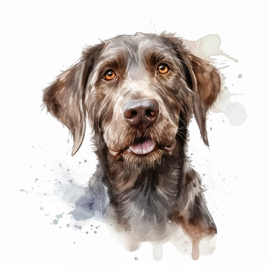 cute Slovakian Rough-haired Pointer dog portrait, full face, centered shot, side shot, dynamically posed, in action, playful mood, happy mood, playing mood, cute face, adorable smile, childlike eyes, clean watercolor illustration, white background, nursery baby imagery, painting, detailed, 8k, PNG, clipart,
