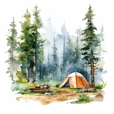 camping scene in forest watercolor style clipart on white background with margins