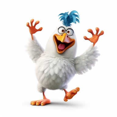 a funny chicken dancing, pixar style, clipart, white background