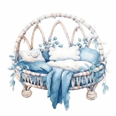 cute watercolor newborn boho Woven Macrame newborn bed, isolated white background, babyshower clipart, 8k, white light blue colors