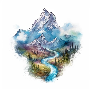 A clipart of a mountain peak with a winding river flowing down, crafted in watercolor style, all on a white background.