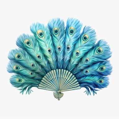 a light blue hand fan made of peacock's feathers ,floral,soft tone, in the style of James Christensen, clipart, fantasy, watercolor illustration ,hand drawn, hd, single object, print on demand image, PNG transparent background, , 8k ,white background for removing background - - no text shadow font watermark