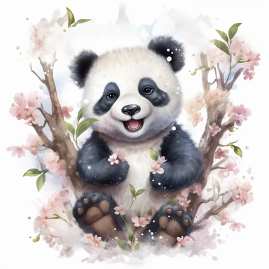 watercolor clipart, cute happy laughing baby panda sitting proudly on a spring branch, with a few spring blossoms and leaves framing the scene, vivid colors, white background, no watermark, 8k, super resolution, megapixel