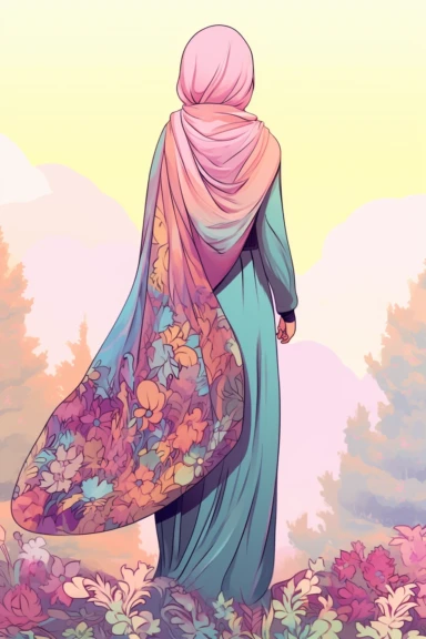 Hijabi woman back full body view clipart illustration, no face is seeing, muslim lady clipart, veiled woman clipart, floral lady hijab clipart , pastel colors, digital illustration style,