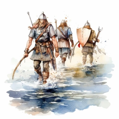vikings who have just left their ship are with weapons in their hands walking in shallow water toward the shore watercolor clipart