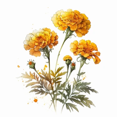 [5497791658] Watercolor clipart. Delicate marigolds captured in a watercolor masterpiece, their golden hues adding a touch of sunshine to any space.. White background. No text. No caption. No logo