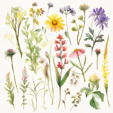 Central Element: Create a collection of standalone watercolor wildflower elements, featuring various types of wildflowers and grasses. Each element should be separate and easily cut out in Photoshop for reuse. The elements should evoke the beauty and freedom of a wildflower meadow, representing growth and exploration. Background: Use a white background for easy removal and the creation of reusable clipart.