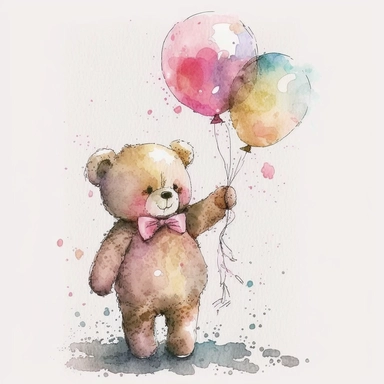 watercolor teddy bear with a pink bow tie and pink balloons in his hand, clip art, white background, no caption