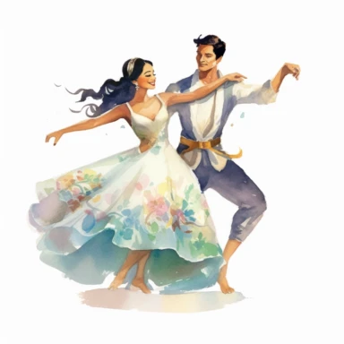 Asian bride and Indigenous groom, dancing together at the reception, graceful and elegant, watercolor, Pixar style, Clipart on a white background.