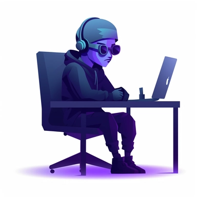 a coder sitting on desk simple clipart ,dark blue, black, dark purple, figma style