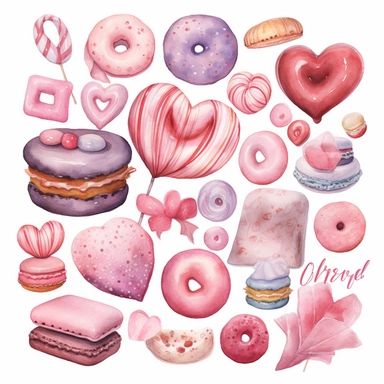 Valentine's day watercolor clipart, Pink sweets cookies, Cute love candy heart, Donuts, Cupcake, macarons, marshmallows, sugar, chocolate