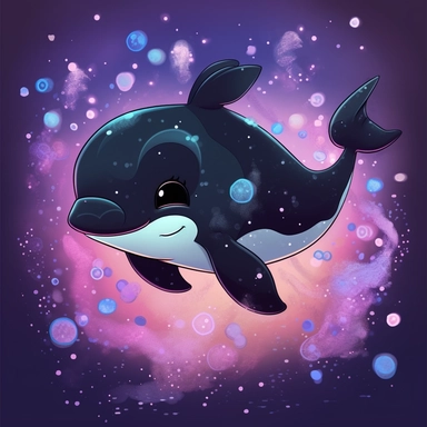 Baby ORCA for children, in the sea, walt disney style, 4k, quality, detailed, clipart, clipart, sticker, cute, pastel colors, smile, only black outline, high contrast, cartoon style illustration, illustration for a children's book, space background, stars, nebula