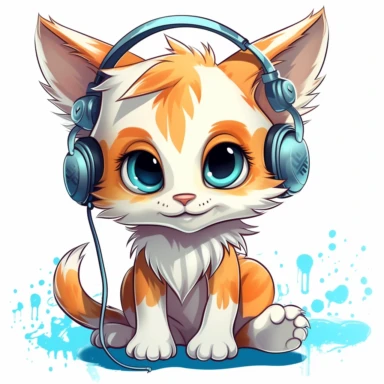 cute kitten listening to music in the style of skottie young, clipart