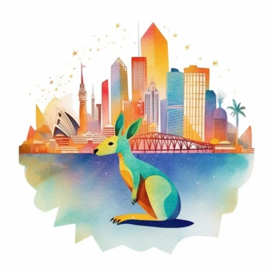 Very cute and Whimsical [quirky cityscape in Australia sydney opera, kangaroo] colorful, Watercolored illustration in the style of Michael Powell, clipart, white background