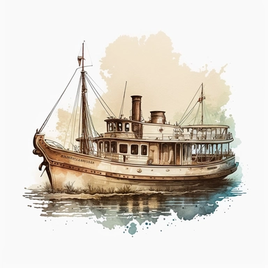 watercolor, very old victorian boat, pastel beige color, good quality illustration, side view, clipart, white background