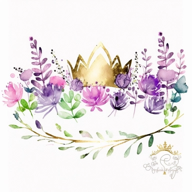 line of purple and lilac watercolor flowers with a simple clipart princess crown on top, watercolor gold, pink, purple, green leaves, white background