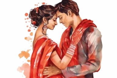 hindu groom and bride in love watercolor clipart illustration on a white background