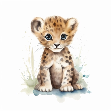a dreamy baby leopard with kind eyes clipart with watercolor illustration,full body shot,8k,etsy style, white background