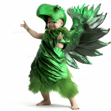 green baby girl Godzilla, looks like an alien, doing high step dance moves, wearing a designer dress made from Phoenix feathers , ultra high fashion, wearing ruby neck scarf, techno lighting, disney cuteness, plain white background, cutout clipart