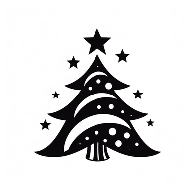 Black and white silhouette of a christmas tree, clipart style, white background, thick lines, vector, simple design, flat colour, solid colour, christmascore