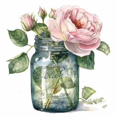 a green glass jar with an English rose,the rose is on the top of the jar on the opening, unimaginable beauty,white with little pink details in the centre of the bloom,An illustration clipart painted by ann buccarelli, watercolour, combo pale colours, insanely detailed, on white background, amazing colour combo, with detailed watercolor bloom, white/ pink/ green, bec winnel, intricately textured, close up, walter Langley, lucy grossmith, heavy impasto technique, detailed shading, atmospheric wate