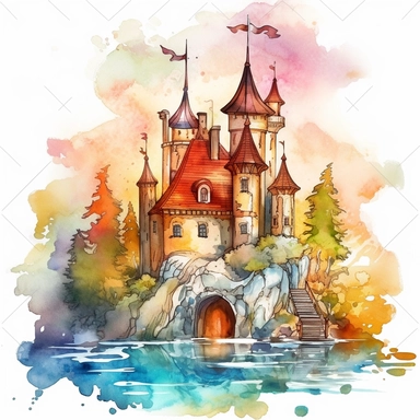 Create One clipart inspired by castle: The clipart exudes a cozy ambiance, with a sense of warmth and tranquility. , discovering its secrets and.cozzy watercolor style. in 4K. so it can be used in fantasy books. beautifull coloring