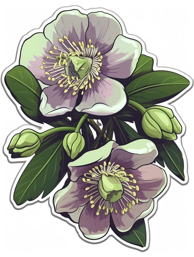 Isometric Sticker Clip Art of Helleborus orientalis, children friendly, illustrated in a playful and realistic style, perfect for any special occasion, cut out in the shape of Helleborus orientalis, with no visible background, giving it the appearance of a sticker, conveying a mystical and whimsical mood, edited with Adobe Photoshop to adjust brightness and contrast, rendered as a transparent PNG file with a high resolution to ensure a crisp and clear image with no pixelation, suitable for vario
