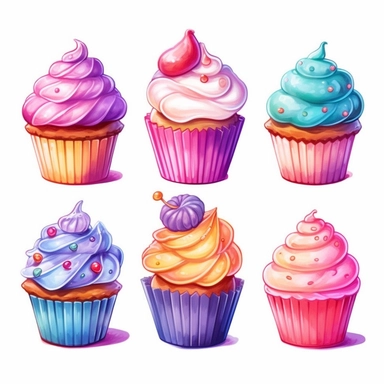kawaii uwu cupcakes clipart, separate png, watercolor, single design, no overlap