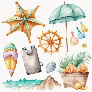 watercolor beach items clipart, white background,