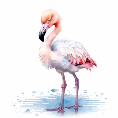 clipart full body friendly watercolour cute little baby flamingo, realistic, detailed, white background, contou