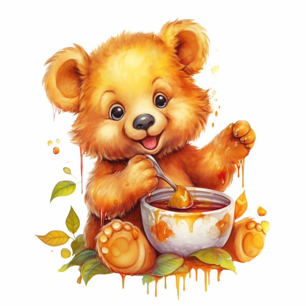 cute smiling happy baby bear eating honey, childrens book illustration ...