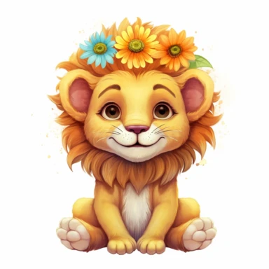 Cute Beautiful Happy Face Lion Flowers On Head is sitting Full Body Clipart,Cartoon, hyper realistic, intricate detail, illustration style,high solution,on the white background