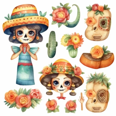 Watercolor cinco de mayo decorations, illustrations clipart set, simple, soft colors, cartoon elements, different variants, mexican hat, sugar skulls, rose, little boy, little girl separate elements with a margin