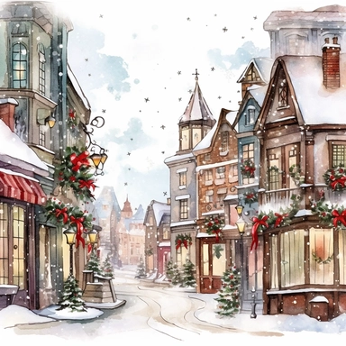 beautiful old town Christmas Clipart , style by Lucy Fleming, watercolor, smooth gradients, black contour outline, ultra detailed, clipart elements, delicate pastel colors, solid white background, super clear, high quality