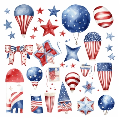 Independence Day (4 th of July) Collection. Hand drawn watercolour graphic paint on white background, isolated clip art elements for holiday decoration and celebration design. Red, blue, white color.