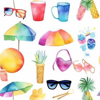 clipart summer vacation gadgets - create 30 gadgets soft watercolor - watercolor gradient - neon colors - high resolution - high details - Smiling sun Heart-shaped sunglasses Pool float unicorn Tropical palm tree Inflatable pineapple drink holder Beach ball Flamingo pool float Watermelon slice Ice cream cone Cocktail glass with umbrella Surfer riding a wave Flip flops Beach umbrella Snorkel and mask Seashell Beach bucket and shovel Sunscreen bottle Diving goggles Swim fins Beach towel Starfish L
