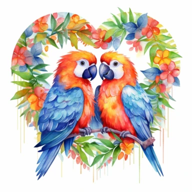 watercolor clipart, two Lovebird Parrots in love with tropical gardens, sweet hearts around, watercolor sublimation design, Sublimation Clipart, hyper realistic, intricate detail, illustration style, isolated on white background for removing background, Super-Resolution, Megapixel