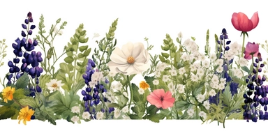 Pressed boho cottagecore snapdragon, cosmos, lupine, anemone and columbine floral border wildflowers with green foliages floral nature garden border, clipart with white background