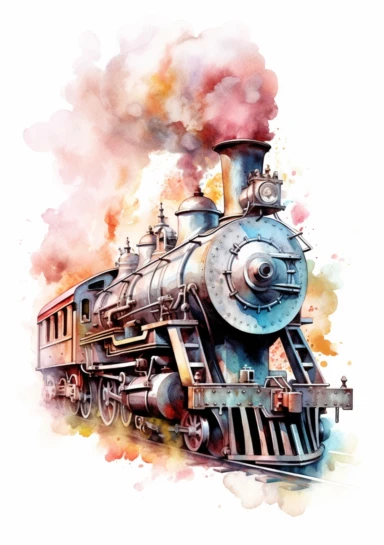 Pastel train, big beautiful locomotive, bursting with steam, Steampunk Clipart, Printable Watercolor, Retro Futuristic, Victorian Era Art Print, colorful, details, high quality 8K, white background