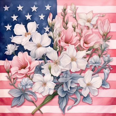 American flag with spring flowers. USA independence day. 4th of July, The illustration should be in the style of dreamy watercolor florals, inspired by the works of artists like Vytautas Kairiukstis, Villagecore, Kathrin Longhurst, and Christian Schloe. The color palette should predominantly feature white and pink, with a touch of flower power. The aspect ratio of the illustration should be 3:2. Be sure to include vintage truck clipart in your design, and dont forget white background, NO BACKGRO