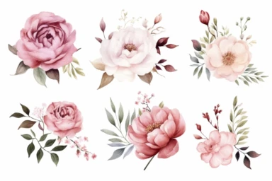 Watercolor flowers clipart set . Peony floral set. Pink, white, burgundy flower and leaves. Illustration for greeting card, DIY wedding invitation, bridal showers, baby showers, printable home decor , 8k, wallpaper, realistic,