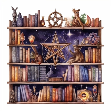 a witches bookcase. On the book shelf should be leather bound books. The books should have wiccan symbols on them, watercolor, clipart, white background